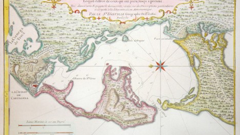 Mapa de las ciudades fortalezas puerto rada y alrededores de Cartagena. Nilcolas de Fer Hecho con privilegio del Rey,1700.Colección particular